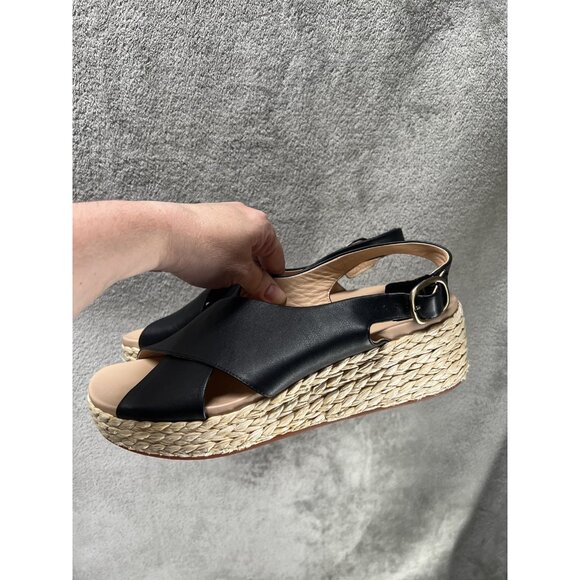 Clarks Women’s 11  Kimmei Wedge Sandal Black Leather Cross Wide Strap Slingback - Picture 3 of 11